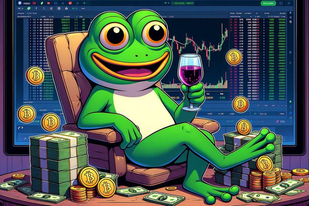 pepe sitting on piles of cash